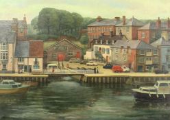 Brenda Johnston (b. 1930) British, Weymouth Harbour , Buildings on the quay side with moored