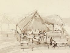 Kcho, Alexis Leiva Machado (b. 1970) Cuban, A scene of figures by a beachside building, ink and