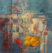 Contemporary school, Mystical still life, oil on canvas, inscribed Diane Rush Verso?, 24 x 24 .