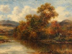 Carl Brennir (1850-1920) British, figures by a river with hills beyond, oil on canvas laid down,