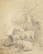 Circle of George Morland, donkeys by a gypsy caravan, along with two other unrelated drawings, (3).