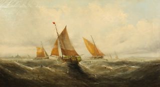 George Knight (19th century) British, Sailboats on choppy seas nearing a port, oil on canvas,