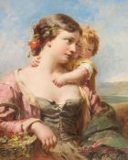 19th Century English School, a mother and child gathering flowers, oil on panel, 8 x 6.75 .