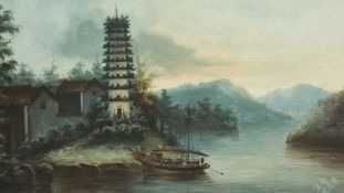 Chinese School (19th/20th Century), a junk passing a tall pagoda on a river bend and another similar
