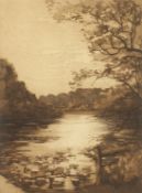 Daisy M Norrie (b.1899) British, Pembroke Castle and another of hilly ponds, etchings, signed and