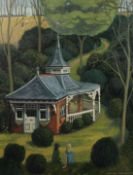 Brenda Johnston (b. 1930) British, Figures conversing before a small cottage with figures in the