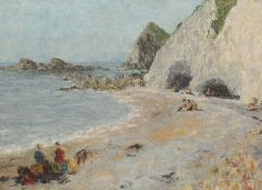 Mid-20th Century School, figures on a beach with cliffs beyond, oil on board, with remnants of label