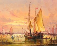 F. Sanchis, 20th century, figures and boats in a harbour, oil on board, signed, 6 x 7.5 .