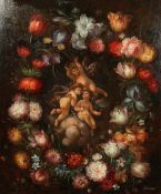 L. Roloan, Cherubs surrounded by vibrant flowers, oil on canvas, signed, 30 x 25 .
