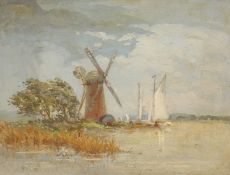 Circle of Charles M Wigg, Wherries passing a windmill, oil on panel, along with another of