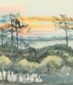 Gill Levin (b. 1935), view from a balcony , A landscape at dusk, watercolour, signed and dated