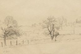 Charles Agard (1866-1950) Trees and a farmstead, pencil drawing, 10.25 x 14.5 .