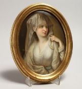After Angelica Kauffman, Vestal Virgin , A young lady in a lace dress, painted porcelain oval