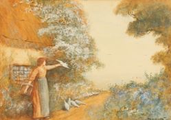 Fred Hines (act. 1875-1928), A lady feeding doves, watercolour, 10.5 x 15 .