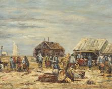 Figures on a beach attending a market, oil on panel, signed Dupres , 8 x 10 .