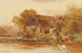 Walter Stuart Lloyd (1875-1929) British, figures fishing in a river with a barn beyond, watercolour,