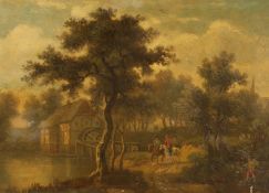 19th century school, possibly Dutch, a scene of figures on horseback by a watermill, oil on mahogany