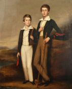 19th century Scottish school, A portrait of two young men with fishing tackle in a Highland