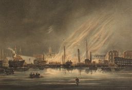 Clerk after Condy, The Fire in The H. M. Dockyard At Davenport , an engraving of the Great Fire of