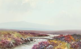H.W. Hicks (1880-1944) British, A landscape with a stream running through heathery moorland and