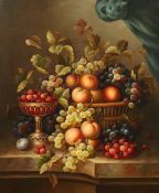 20th century school, A still life of mixed fruit on a marble ledge, oil on panel, signed R. Caspar ,