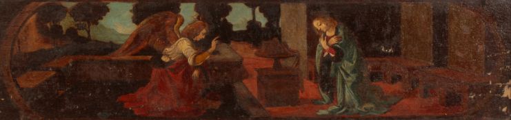 Continental School 19th century, The Annunciation , oil on panel, 5.75 x 23.25 .