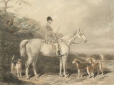 An Engraving by Edward Hacker after W & H Barraud of a huntsman on his horse with hounds, engraving,