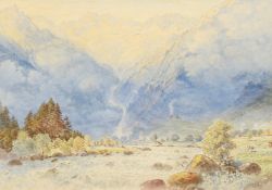Charles Jones Way (1834-1919) British, An Alpine view with snow-capped mountains and a raging