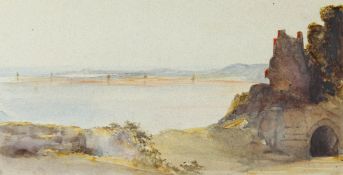 Attributed to Jessie Corrie, A coastal scene with ruins in the foreground, watercolour, signed and