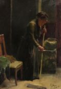 Frederique Jacque (1859-1931) French, A lady brushing the floor of a lavish interior, oil on