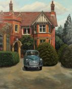 Brenda Johnston (b. 1930) British, A Morris minor parked outside of a red brick building, oil on
