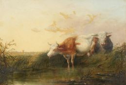 Attributed too Thomas Baker of Leamington (1809-1869) British, Two bulls watering on a riverbank,