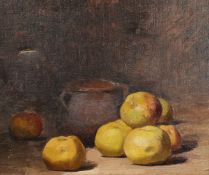 Early 20th Century French School, A still life study of apples and a pot on a table-top, oil on
