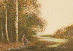 Fred Hines (act. 1875-1928), A lady and a child by a pond, watercolour, 10.5 x 15.5 .