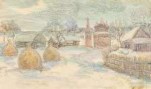 20th Century Russian School, A view of haystacks in a snowy landscape with buildings beyond, mixed