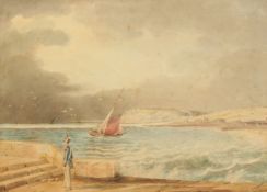 19th century French school, a coastal scene with a soldier walking along the promenade with boat and