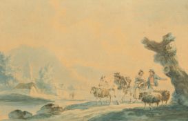 Peter la Cave (1790-1810) British, two figures escorting their flock along a riverside path with a
