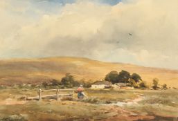 Wycliffe Egginton (1875-1951) British, A figure traversing a country path with a building and