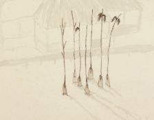 Kcho, Alexis Leiva Machado (b. 1970) Cuban, A view of palm trees with a beach hut beyond, ink and