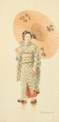 T Nakayama, Japanese, A set of three watercolours of Japanese figures in traditional costume,