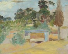 Modern British, continental landscape possibly French, oil on sketch on board, 5 x 6 .