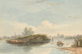 Circle of Varley (19th century), A scene of barges on a river with a town beyond, watercolour, 7.25
