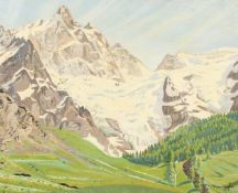 Robert Morson-Hughes, A landscape of an alpine valley with a snow-capped mountain beyond, oil on