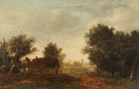 19th Century School, wayfarers gathered on a country path with a church tower beyond, oil on oak