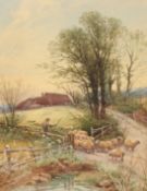 Thomas Roden (1842-1926) British, A shepherd and his flock by a pond, watercolour, signed and