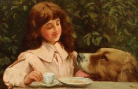 Henry Macbeth-Raeburn (1860-1947) British, a young girl having tea with her newfoundland, oil on