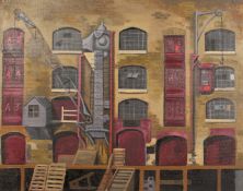 Brenda Johnston (b. 1930) British, industrial building exterior, oil on canvas, signed and inscribed