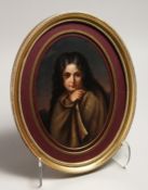 19th century German school, A young girl with long hair, painted porcelain oval plaque, 11.5 x 7.5