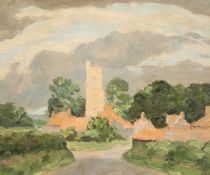 Hugh Boycott Brown (1909-1990) British, a scene of a church in a country village with a landscape