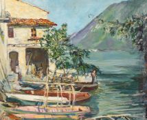 Continental school, fishing boats moored by a boat house, oil on canvas, indistinctly signed, 18 x